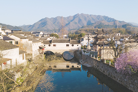 ◎ 這是二零二五年三月廿五日在安徽省黃山市歙縣拍攝的高陽廊橋(無人機照片)。