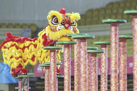 ◎ 十一月十一日,粵港澳聯隊在比賽中。最終,粵港澳聯隊獲得一等獎。第十五屆全國運動會群眾展演舞龍舞獅南獅自選項目決賽在佛山舉行。(新華社記者 王鵬 攝)