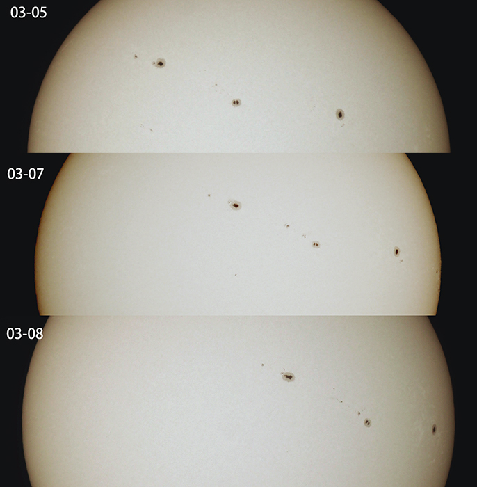 ◎ 太陽黑子四天内的移動變化。