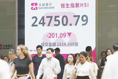 ◎ 三月三十日,截至收盤,香港恆生指數跌二0一.0九點,跌幅百分之零點八一,報二四七五0.七九點,主板全天成交二千八百五十四億三千四百九十萬港元。(香港中通社記者 陳奕啟 攝)