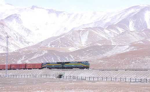 2月12日,一列貨運列車行駛在青藏鐵路上。(袁昌玲 攝)
